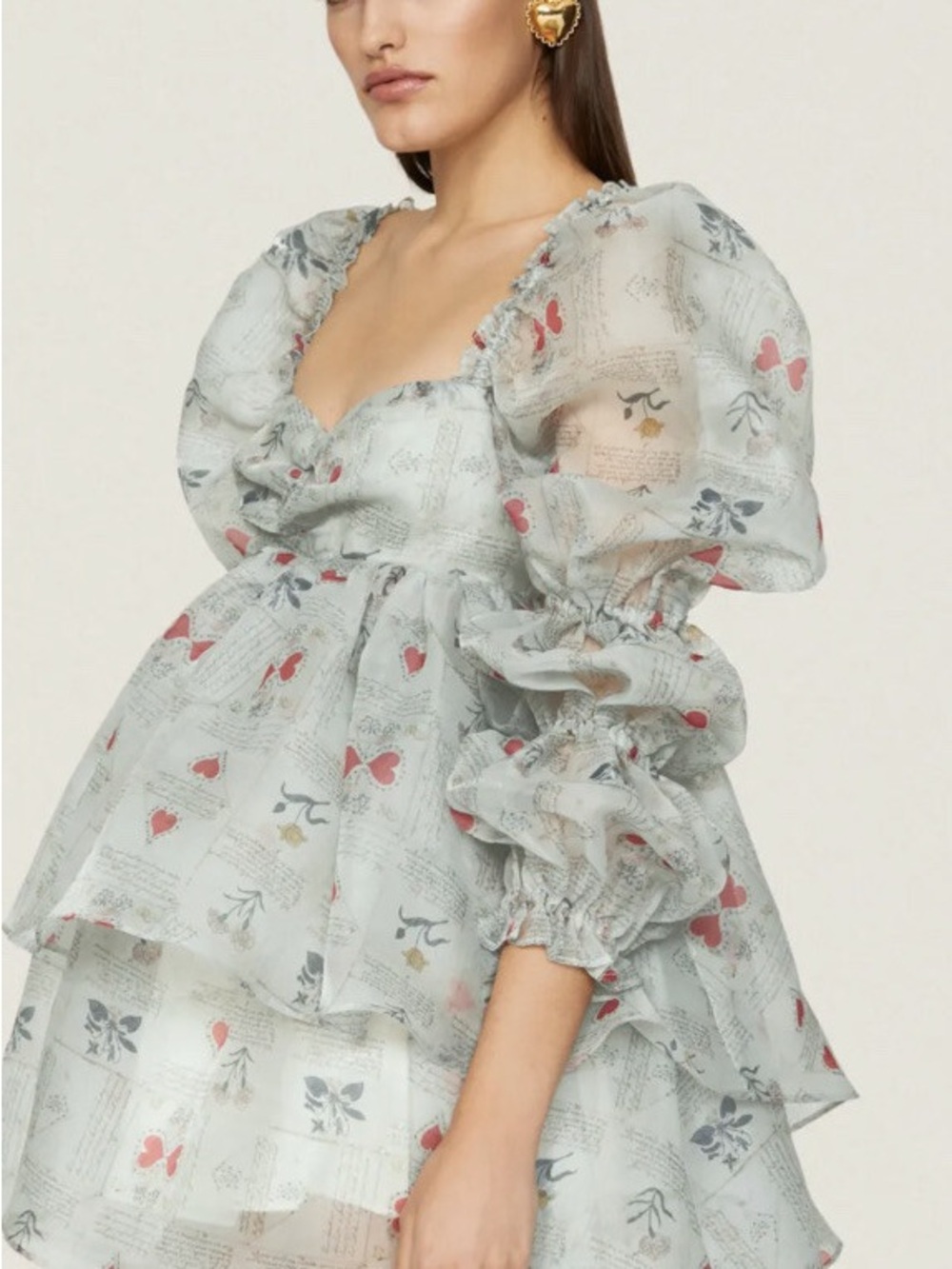 Selkie Moonlight Tiered Puff-Sleeve Mini Dress in Mint with Red Accents